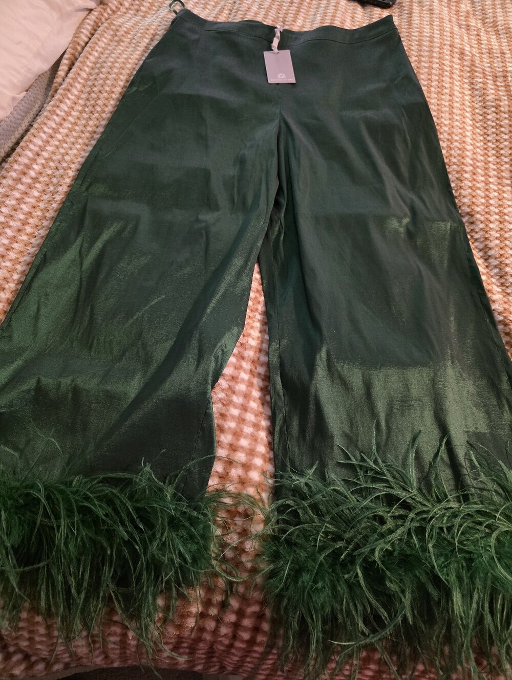 Preston & York Evergreen Trudie Pant - Satin Wide-Leg Pants with Feather Trim